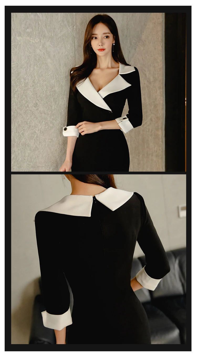 New Fashion Elegant Office Lady Women Dress Sexy Retro Casual Turn-Down Collar Black Formal Slim Midi Party Pencil Femme Vestido