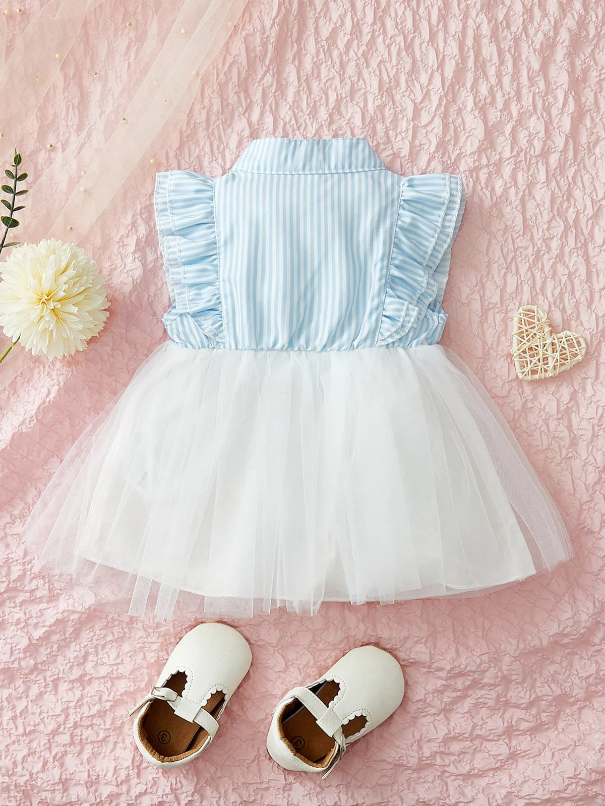 Single piece female baby fashionable, sweet and cute blue and white striped bow decoration spliced mesh dress for summer