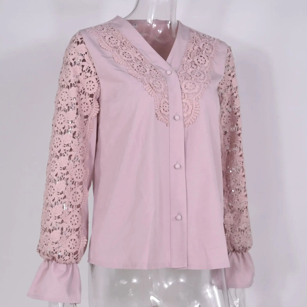 Women's Blouses White Office Spring Casual Button V-neck Long Sleeve Elegant Hook Flower Hollow Shirt For Female