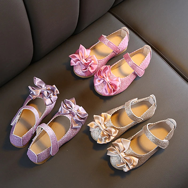Girls Shoes Fashion Sequin Kids Princess Shoe Bow Shallow Single Shoe Soft Sole Children Flats Toddler Party Wedding Shoes Туфли