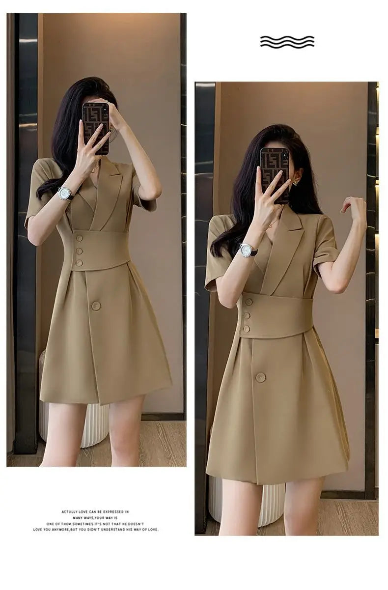 Summer New Office Lady Elegant Fashion Waist Dress Femme Short Sleeve Temperament Solid Robe Vestidos De Fiesta Women's Clothing
