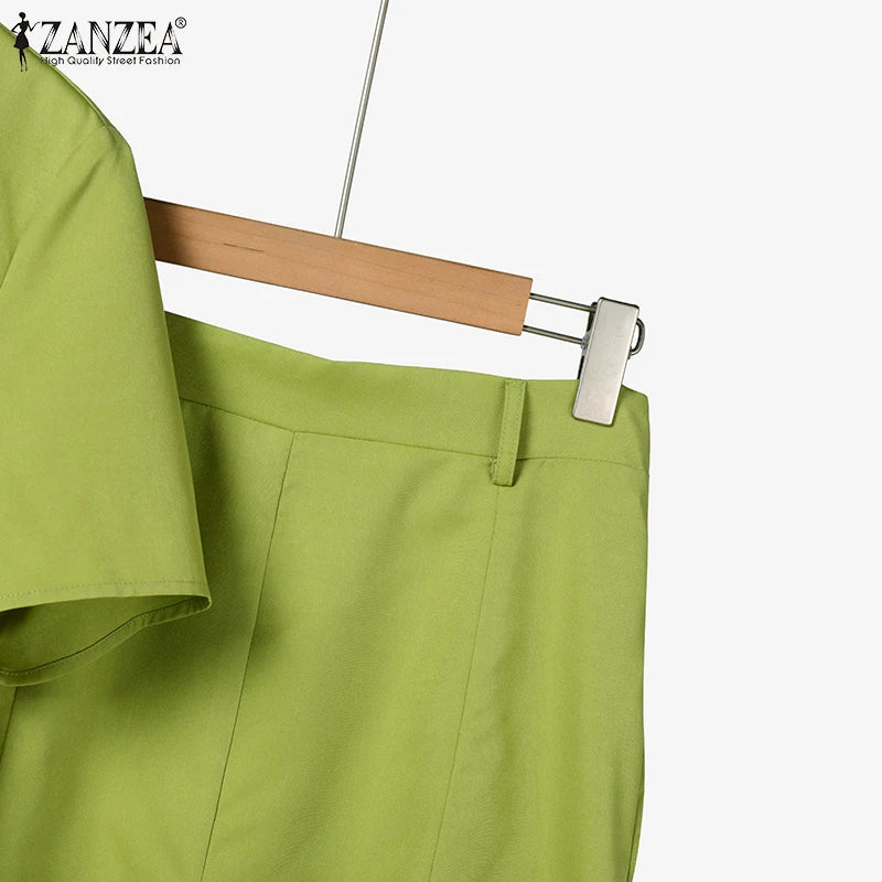 ZANZEA Fashion 2PCS Women Summer Dress Sets Summer Work OL Tracksuits Elegant Short Sleeve Blouse Sundress Casual Solid Outfits
