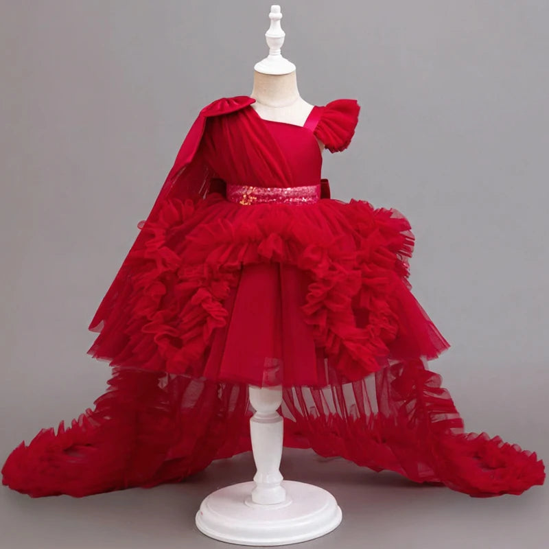 KLFLGD New summer girls party dresses flower girl wedding elegant party dress 2-6 year old girl pink tulle tail dress