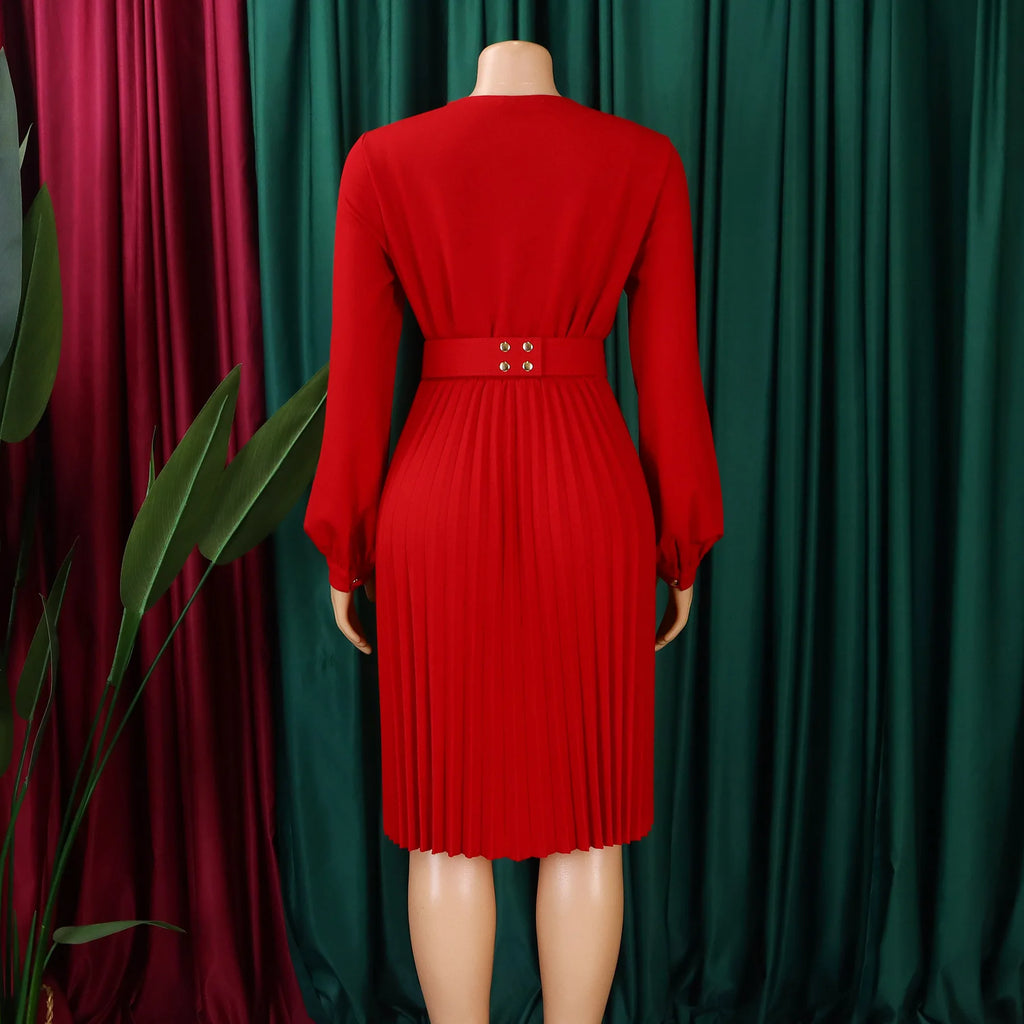 Summer New V-neck Elegant Solid Color Pleated Dress Fashionable Casual Knee-Length Women's Dress