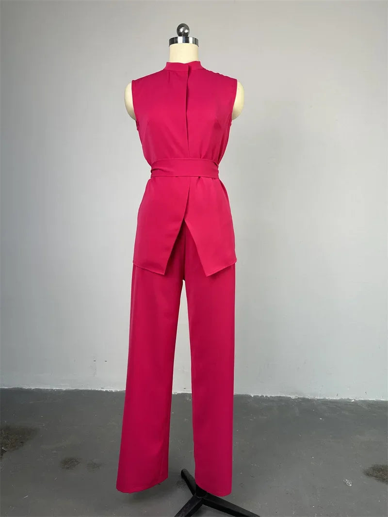 Women Wide Leg Pant Sets Two Piece Set Black Shirt Top & Cuffed Pants Set Suit Loose O Neck High Waist Elegant Trousers Suits