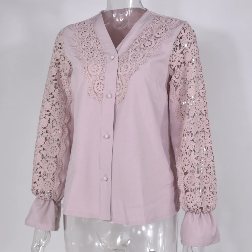 Women's Blouses White Office Spring Casual Button V-neck Long Sleeve Elegant Hook Flower Hollow Shirt For Female
