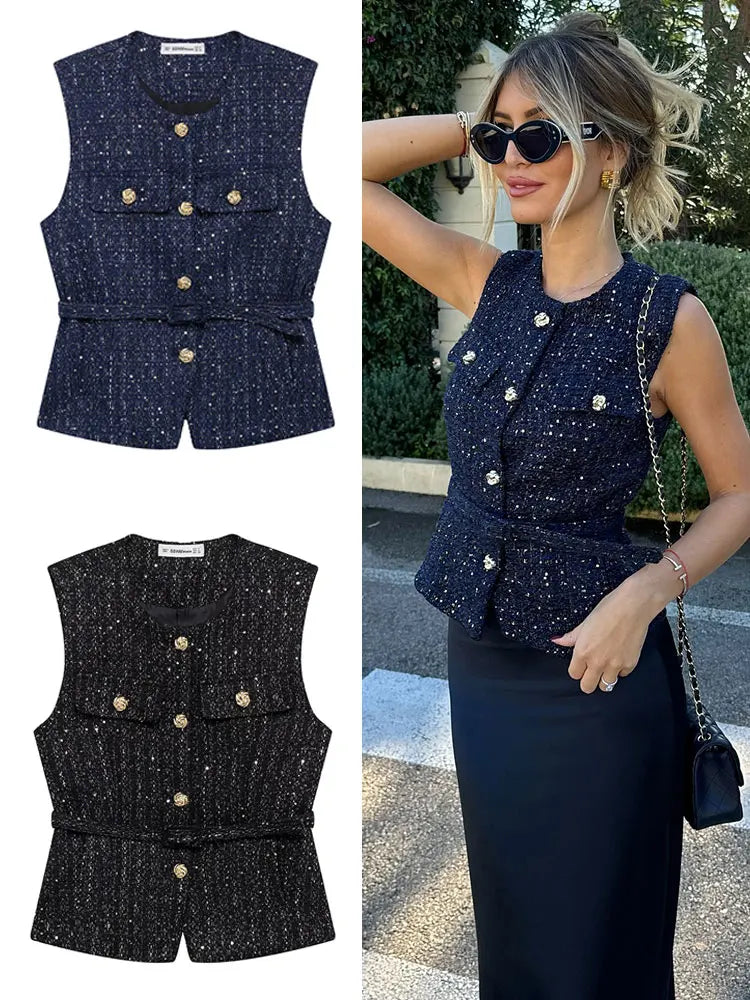 HH Women Fashion Tweed Belt Waistcoat O Neck Single Breasted Sleeveless Vests Spring Summer Office Lady Outerwear Chic Tops