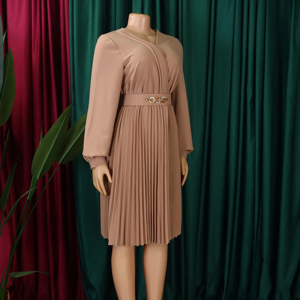 Summer New V-neck Elegant Solid Color Pleated Dress Fashionable Casual Knee-Length Women's Dress