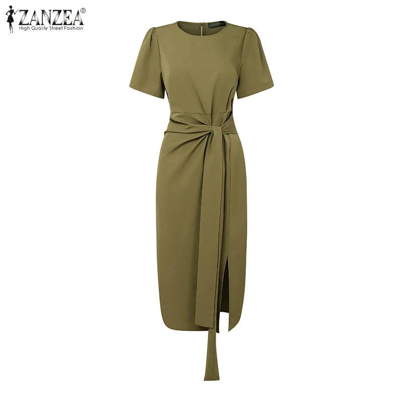 2025 Summer Dress ZANZEA Elegant Women Work OL Dresses Stylish Short Sleeve Slim Fit Party Vestidos Solid Lace Up Sundress Robe