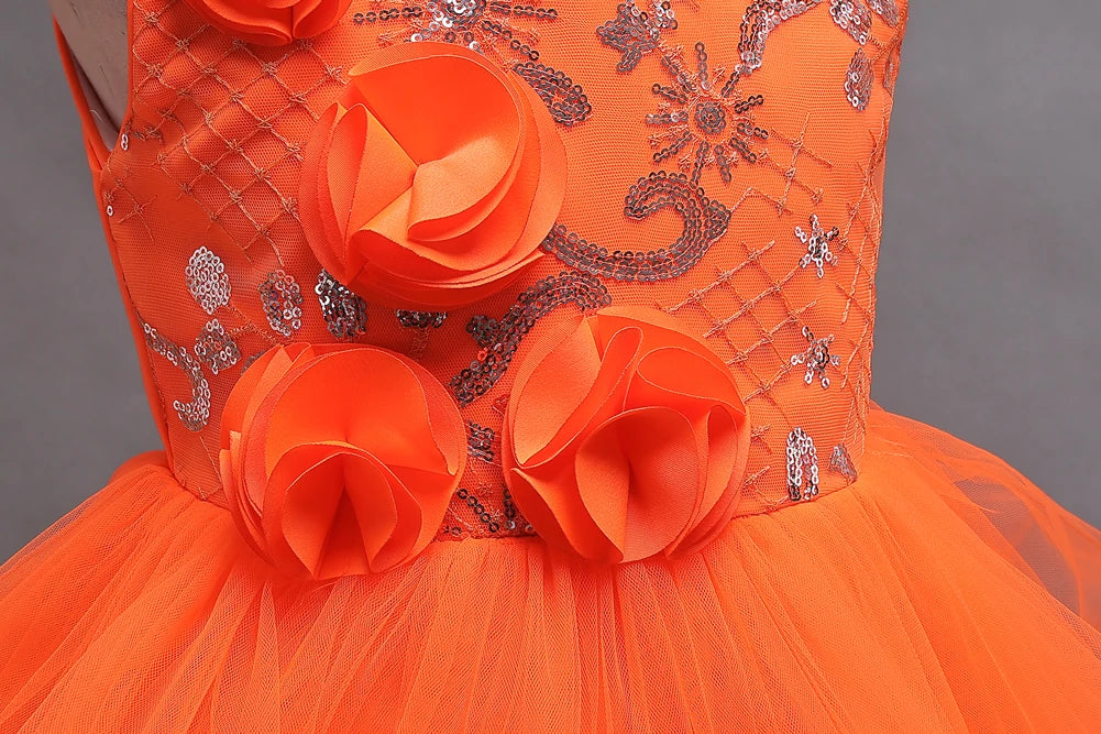 New Orange Flower Girl Princess Tail Dress for   3 to 12 Year KID Birthday Party Dresses