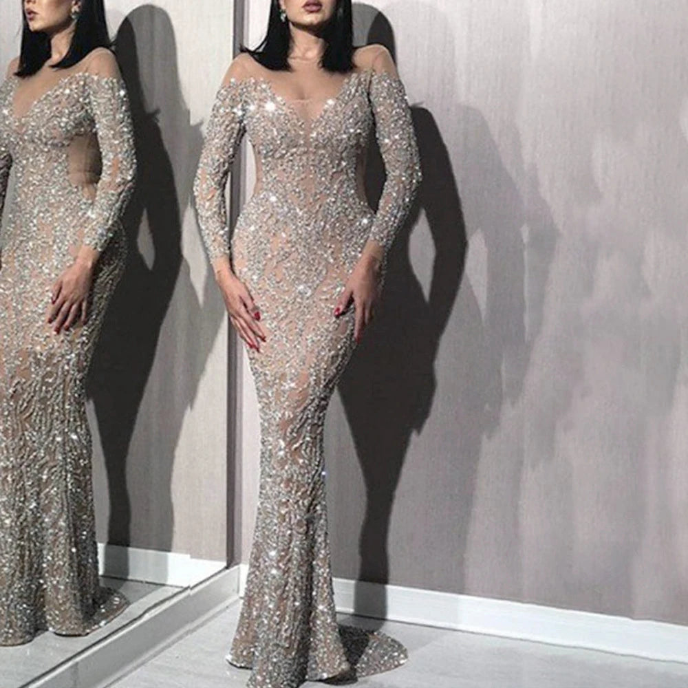 Women Luxurious Sequins Evening Dress Sexy See-through Crew Neck  Long Sleeve Slim High Waist Maxi Party Club Cocktail Dresses