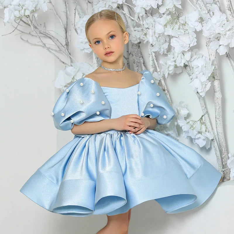 Kids Puffy Dress Pearl Decorated Girl Princess Dress Birthday Elegant Girls Party Dresses Children's Solid Bridesmaid Costume