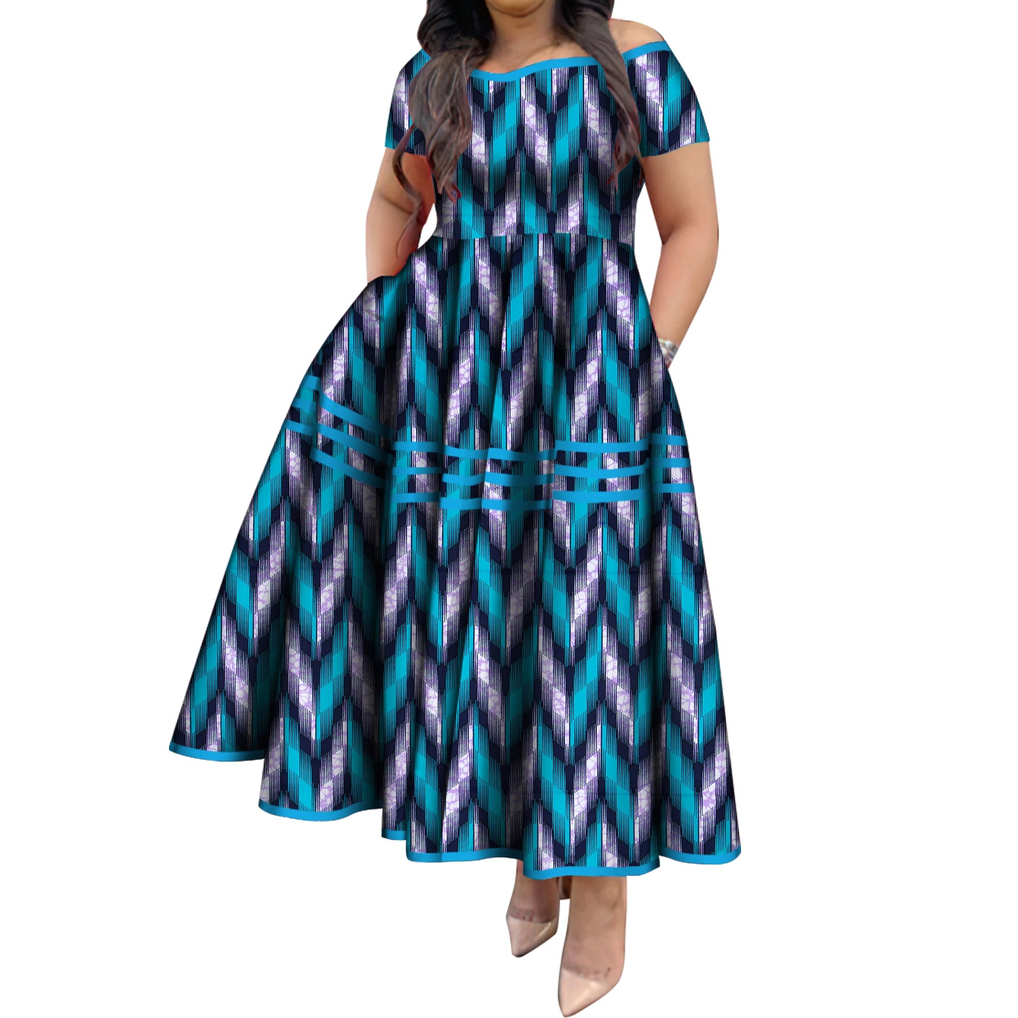 BintaRealWax African Dresses for Women Elegant African Print Short Sleeve High Waist Maxi Dress Africa Clothing WY3629
