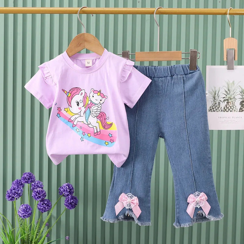 2024 New Children's Set Girls' Summer Cartoon Printed Short Sleeve+Cowboy Pants Infant Fashion Set 0-4 Years Old