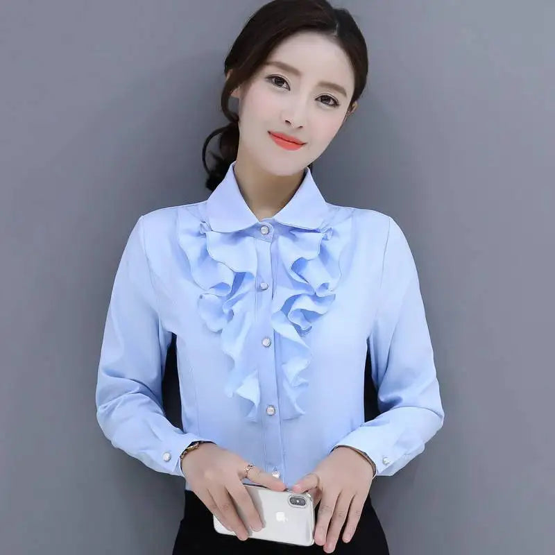 Autumn and Winter Women's Fashion Standing Collar Button Ruffles Shirring Blouse Solid Color Commuter Long Sleeve Slim Shirt