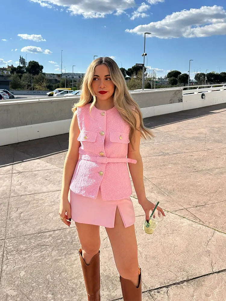 HH Women Fashion Tweed Belt Waistcoat O Neck Single Breasted Sleeveless Vests Spring Summer Office Lady Outerwear Chic Tops