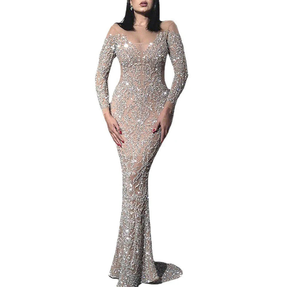 Women Luxurious Sequins Evening Dress Sexy See-through Crew Neck  Long Sleeve Slim High Waist Maxi Party Club Cocktail Dresses