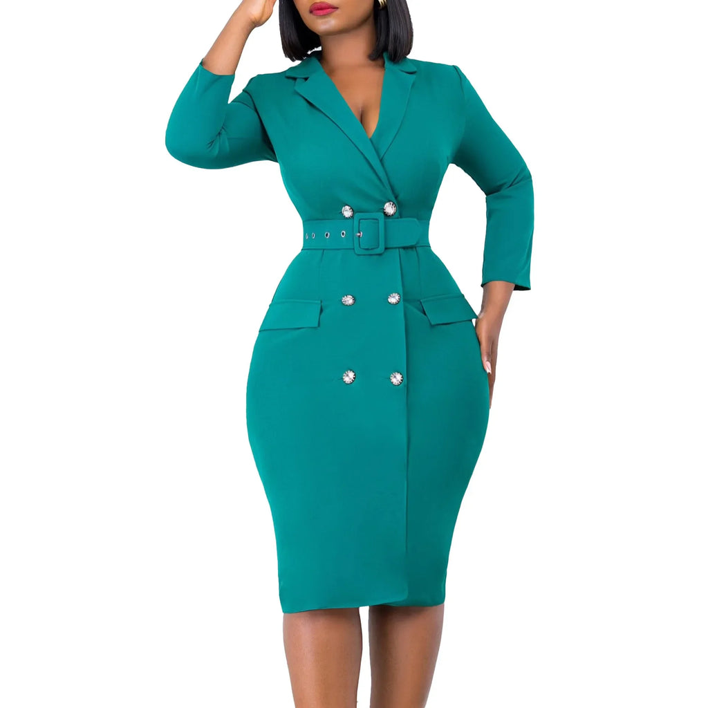 Office Dress Women Elegant Notched Collar Full Sleeve Belt Waisted Double Breasted Package Hips Mid Calf Formal Work Dress Midi