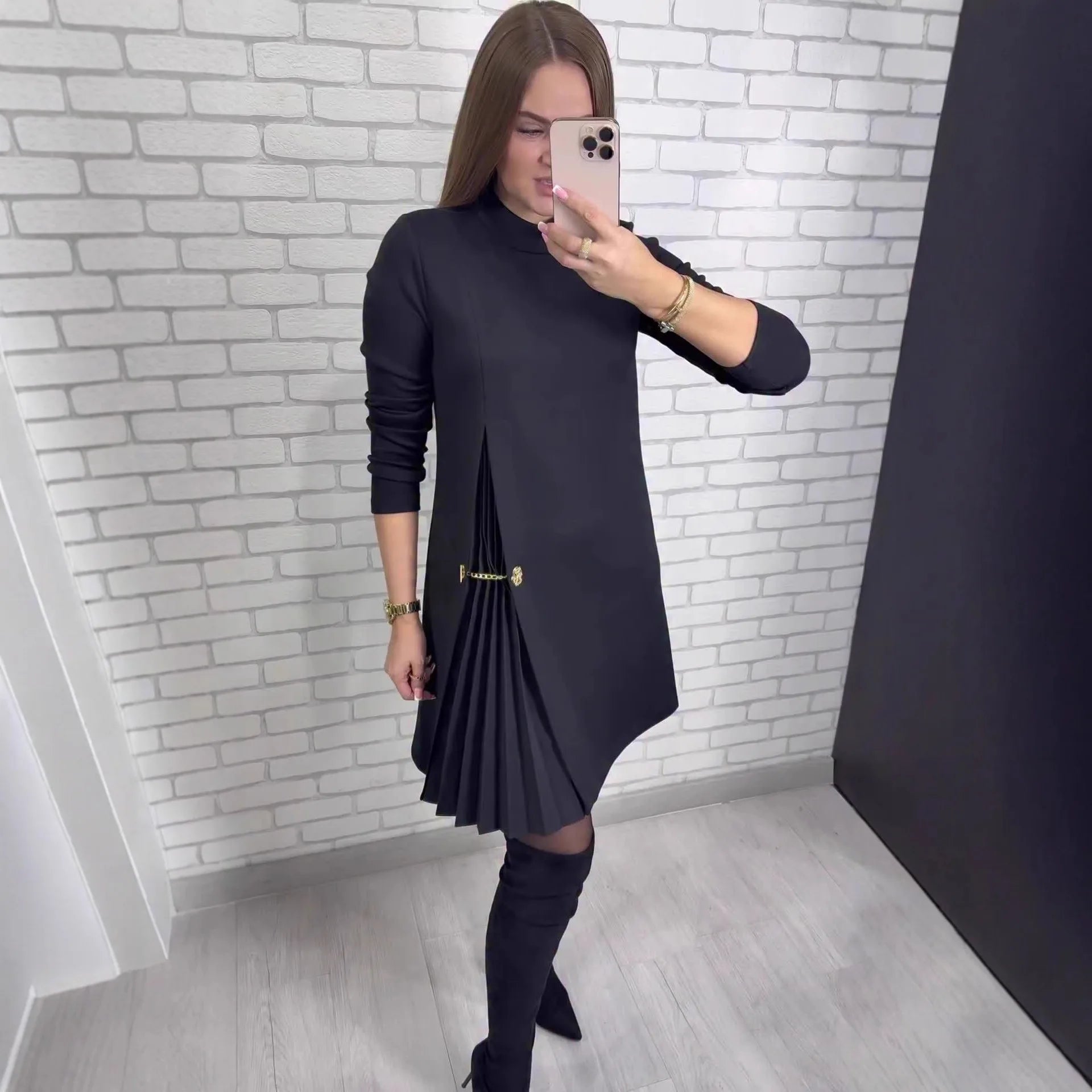 Fashion black casual dress new autumn o neck long sleeve office Holiday party solid dresses for women robe femme vestidos