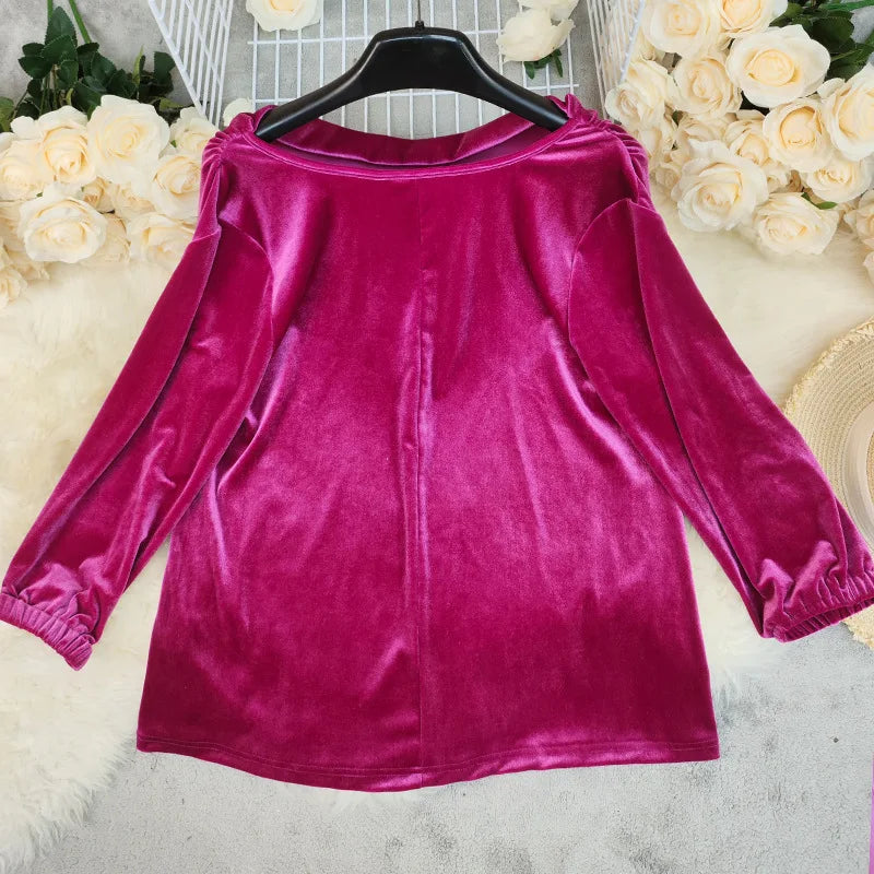 2026 Women T Shirts Tops Pleated Tees Solid V Neck Long Sleeve Slight Stretch Loose Fit Elegant Casual Office Lady Autumn Winter