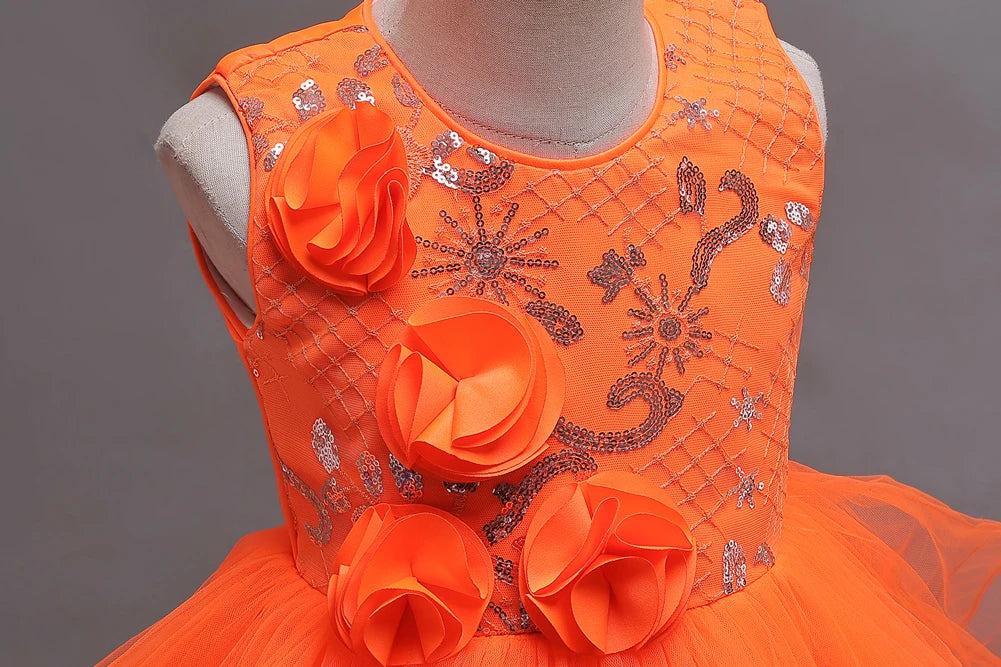 New Orange Flower Girl Princess Tail Dress for   3 to 12 Year KID Birthday Party Dresses