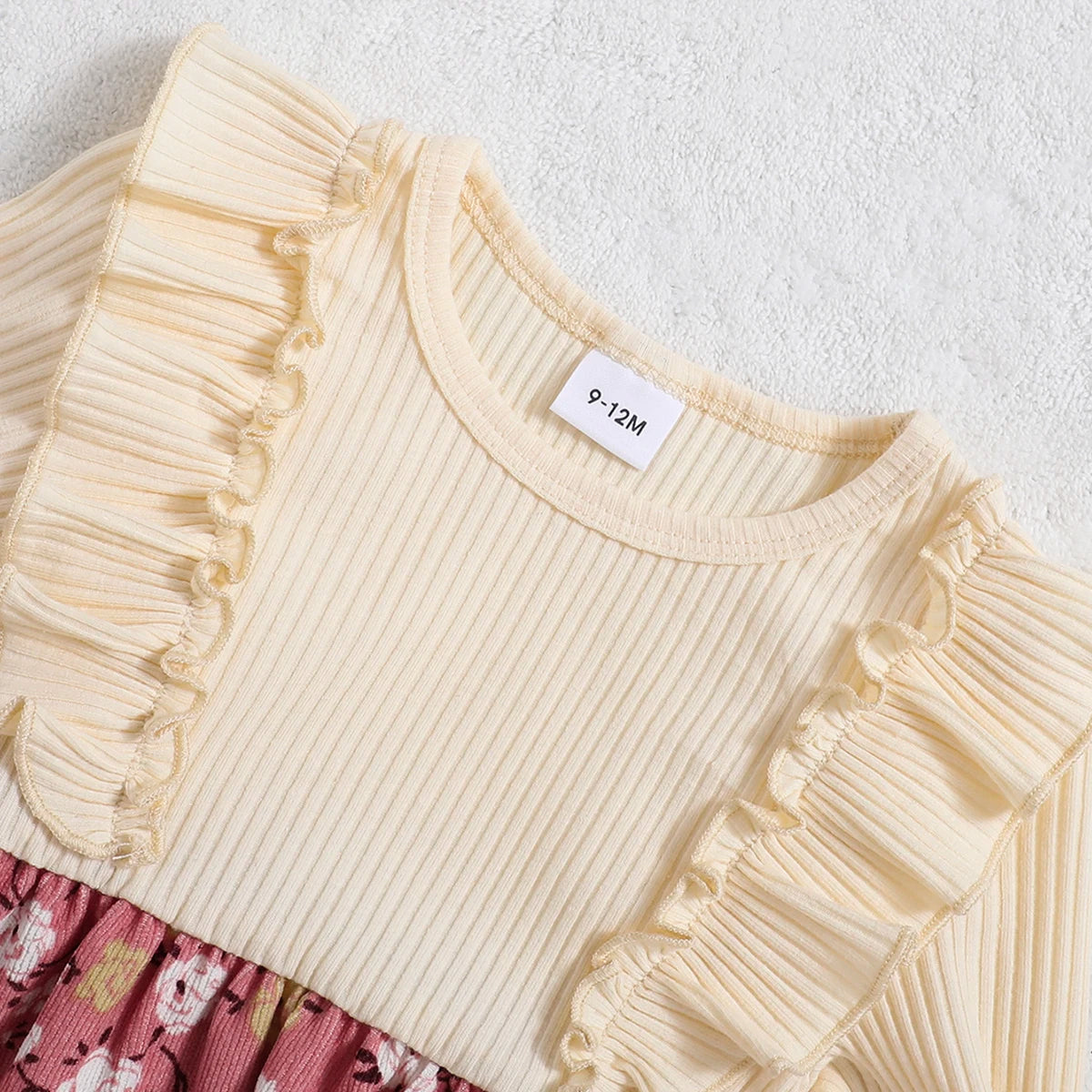 Girls Soft Floral Dress with Yellow Knitted Top And Layered Ruffle Sleeves Pink Flared Skirt Detail Sweet And Gentle Style
