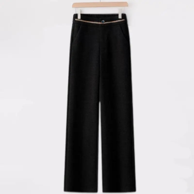 Fashion Office Lady Autumn Winter New Woolen Pants Women Solid Pockets Elastic High Waist Plus Velvet Straight Wide Leg Trousers