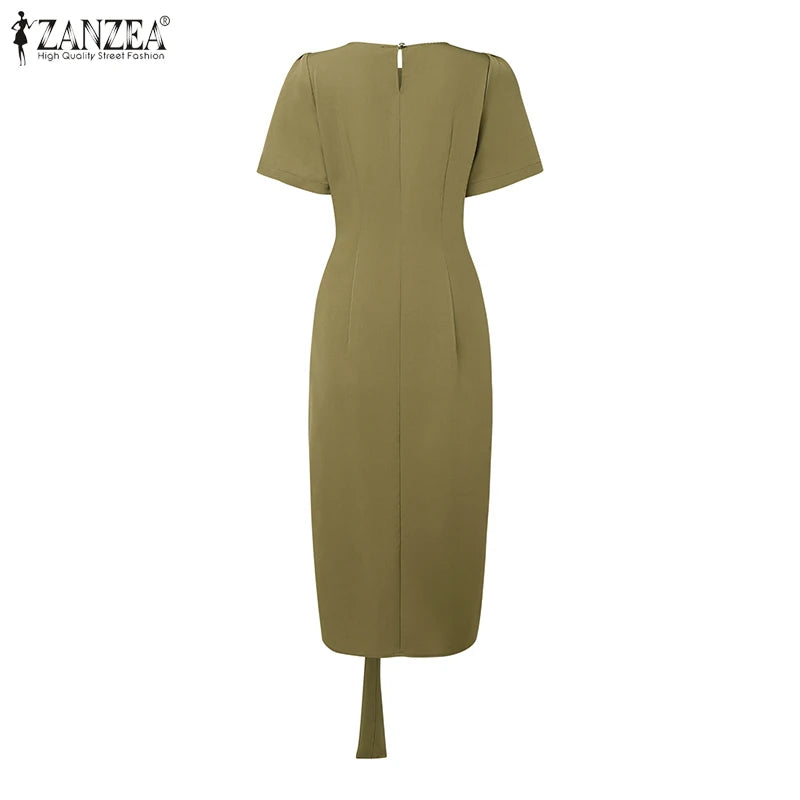 2025 Summer Dress ZANZEA Elegant Women Work OL Dresses Stylish Short Sleeve Slim Fit Party Vestidos Solid Lace Up Sundress Robe