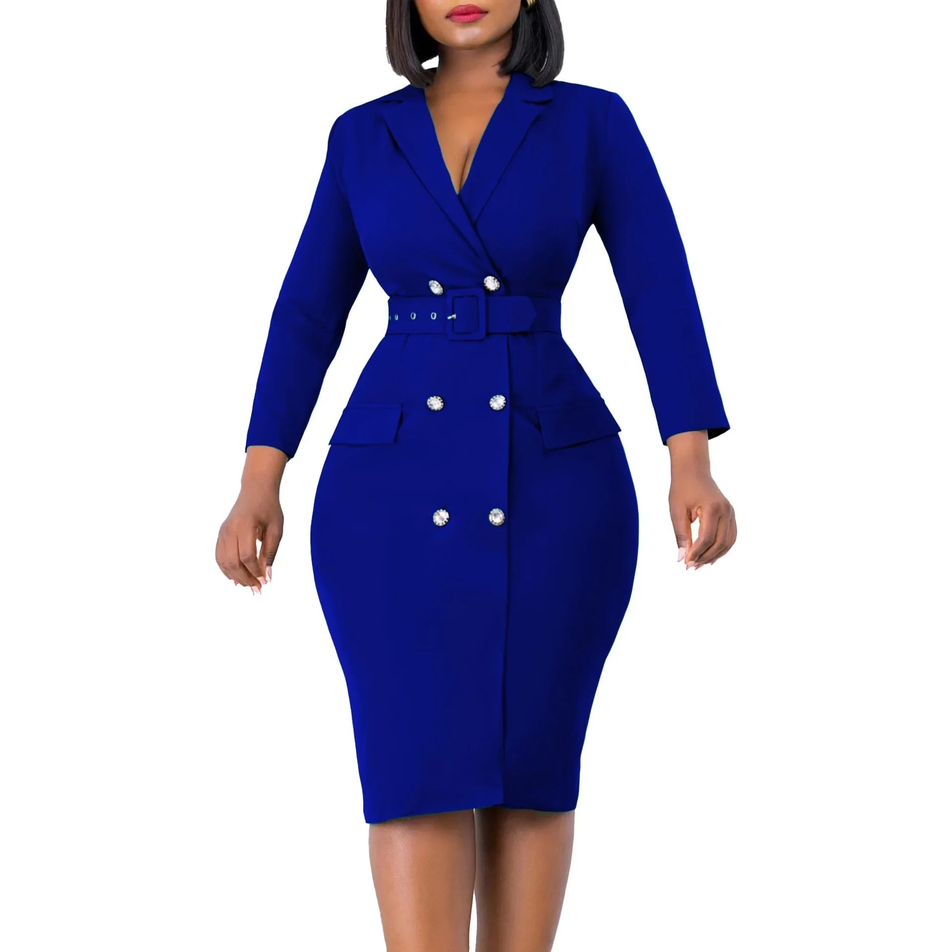 Office Dress Women Elegant Notched Collar Full Sleeve Belt Waisted Double Breasted Package Hips Mid Calf Formal Work Dress Midi