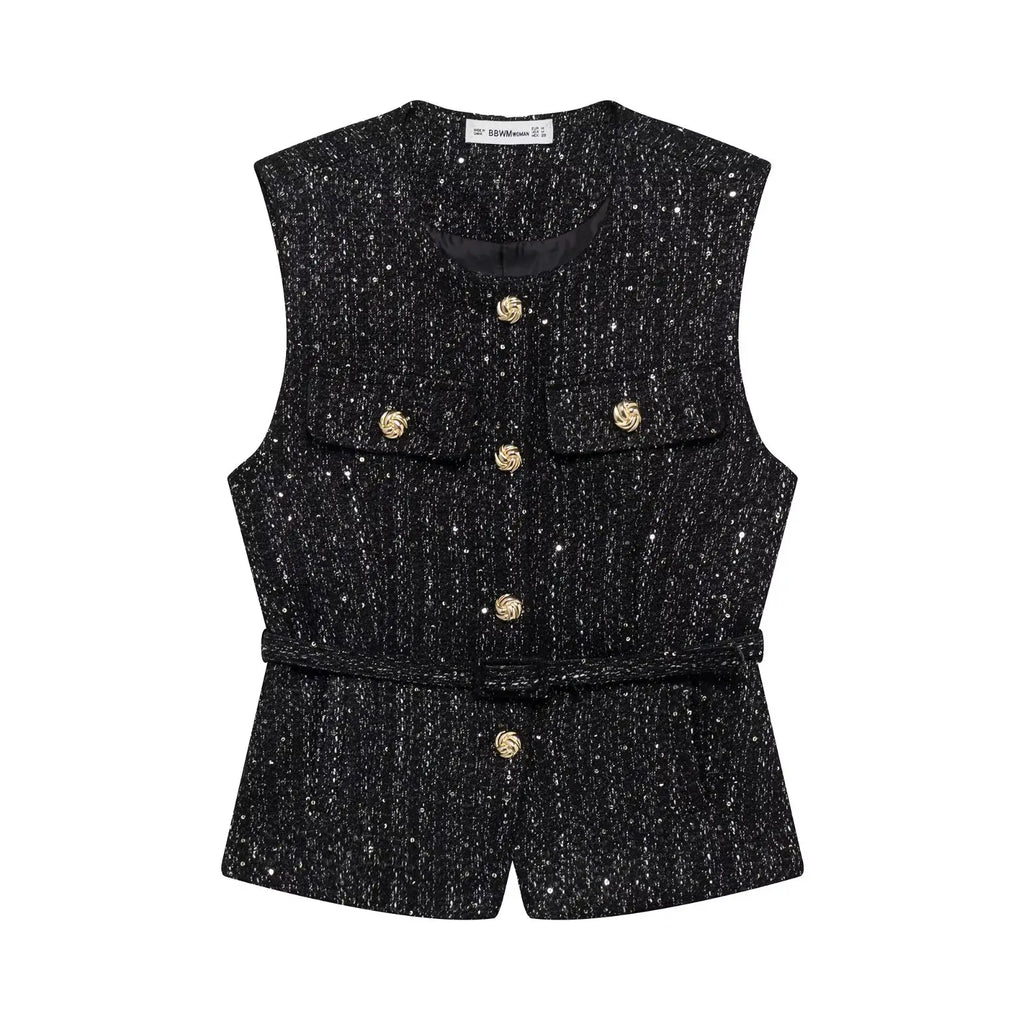 HH Women Fashion Tweed Belt Waistcoat O Neck Single Breasted Sleeveless Vests Spring Summer Office Lady Outerwear Chic Tops