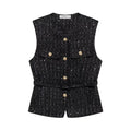 HH Women Fashion Tweed Belt Waistcoat O Neck Single Breasted Sleeveless Vests Spring Summer Office Lady Outerwear Chic Tops