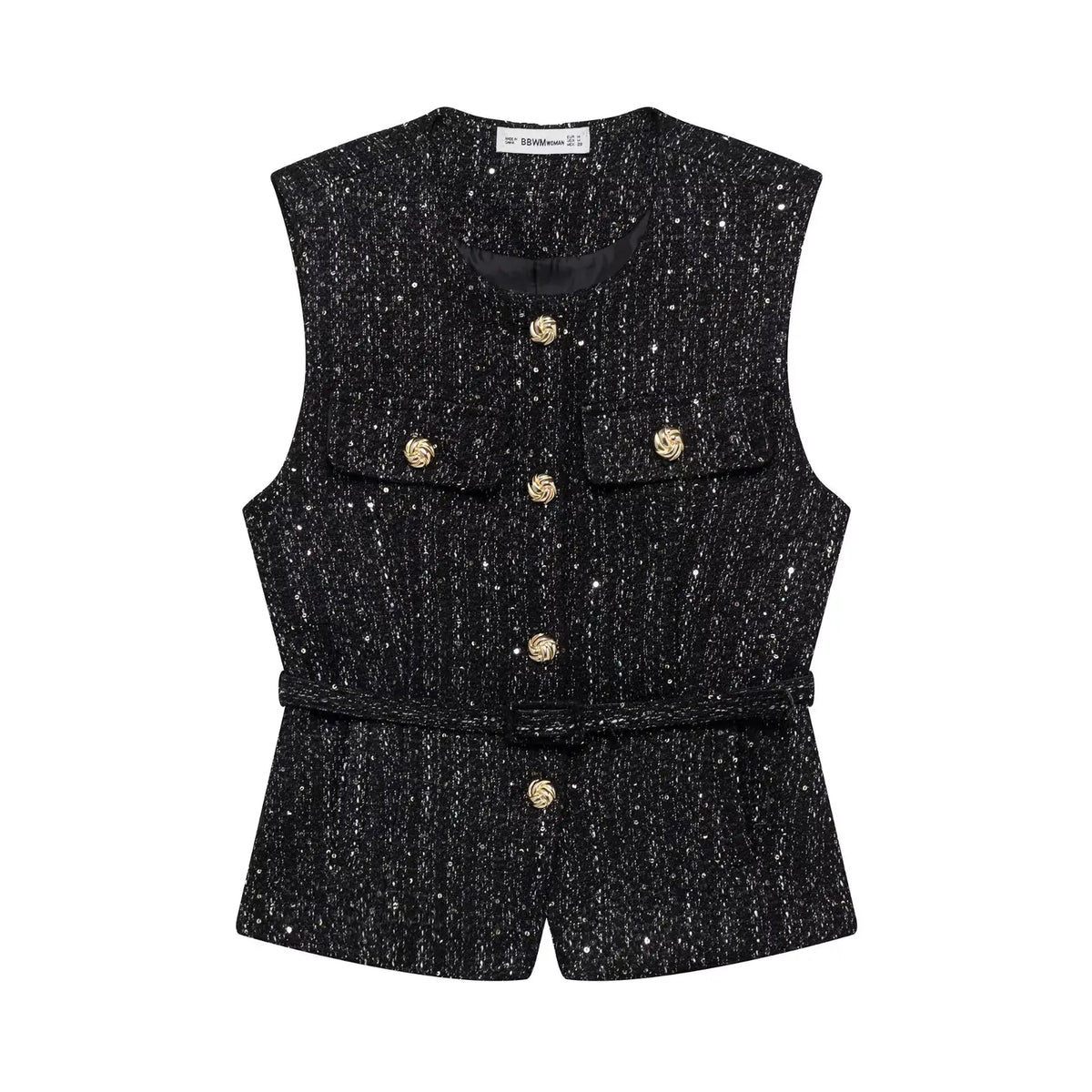 HH Women Fashion Tweed Belt Waistcoat O Neck Single Breasted Sleeveless Vests Spring Summer Office Lady Outerwear Chic Tops
