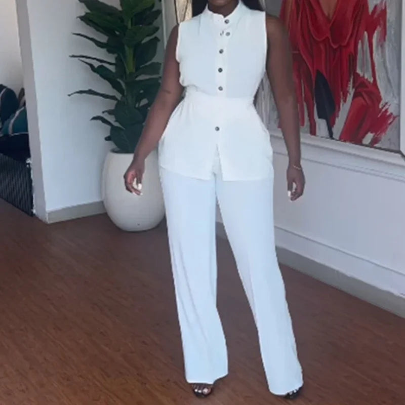 Women Wide Leg Pant Sets Two Piece Set Black Shirt Top & Cuffed Pants Set Suit Loose O Neck High Waist Elegant Trousers Suits