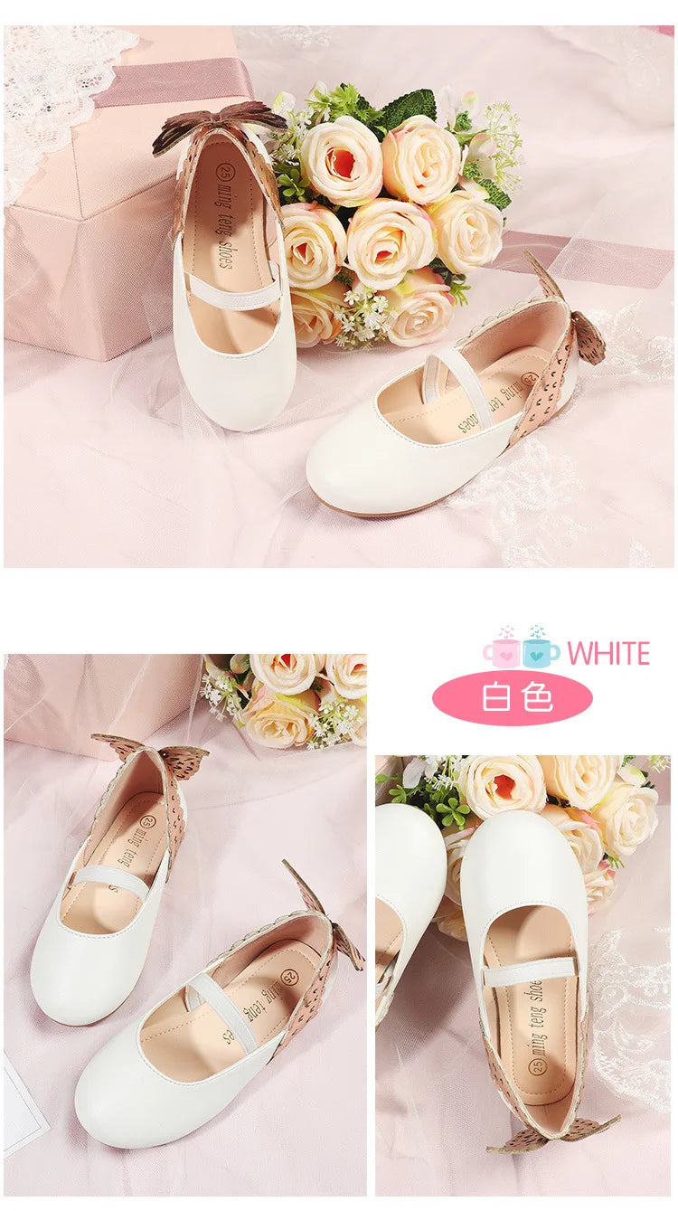 Girls' Leather Shoes 2023 Spring Soft Bottom Butterfly Student Princess Shoes Fashion Slip-on Casual Flats Dancing Shoes 25-30