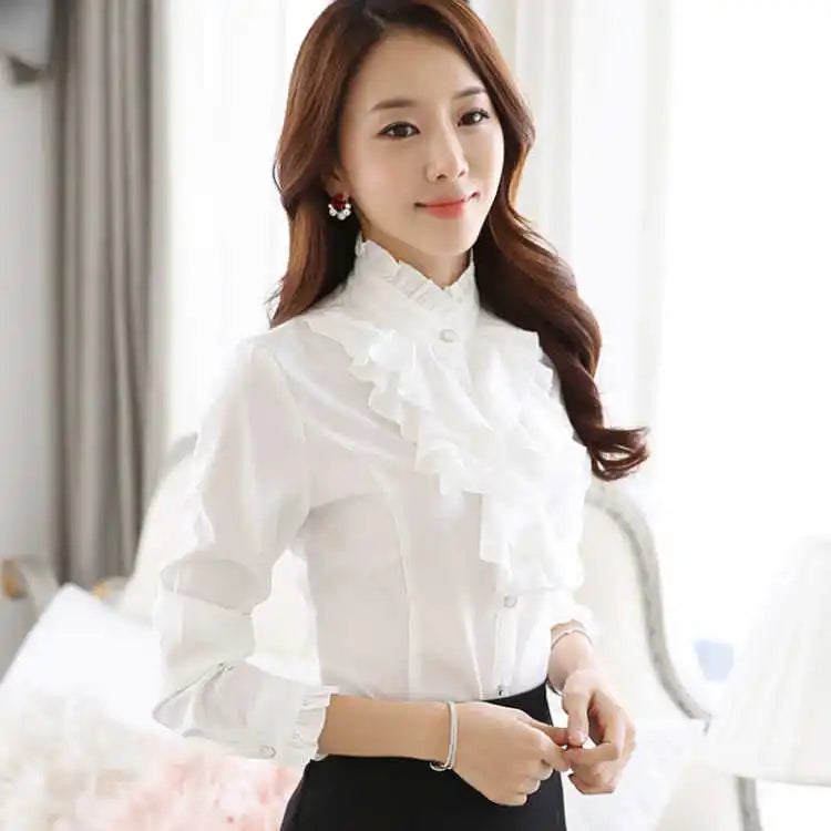 Autumn and Winter Women's Fashion Standing Collar Button Ruffles Shirring Blouse Solid Color Commuter Long Sleeve Slim Shirt
