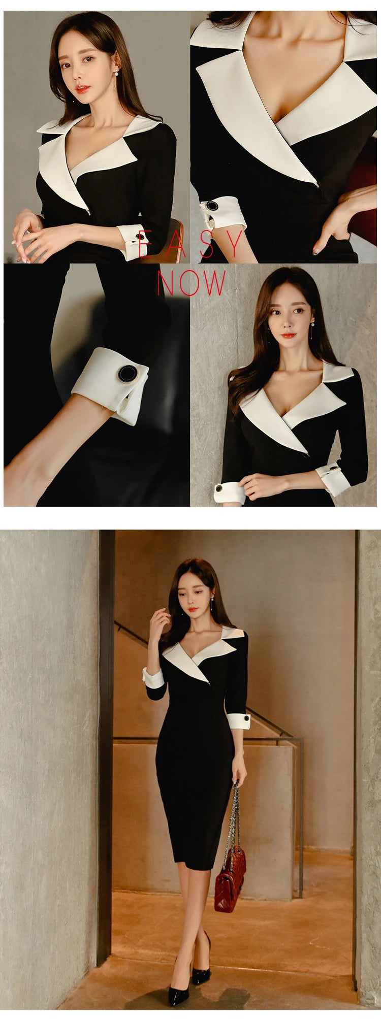 New Fashion Elegant Office Lady Women Dress Sexy Retro Casual Turn-Down Collar Black Formal Slim Midi Party Pencil Femme Vestido