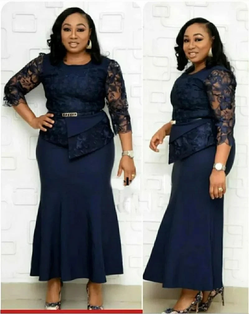 4XL 5XL Plus Size 2025 Christmas Dresses Women O Neck 3/4 Sleeve Long Maxi Dress Fashion Lace Patchwork Night Party Dress