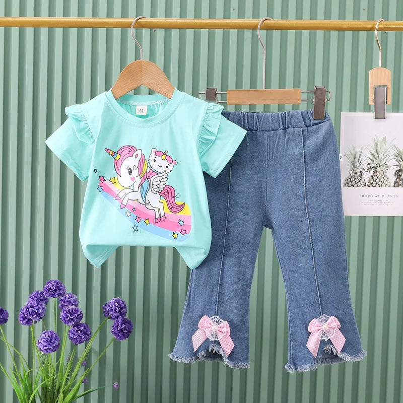 2024 New Children's Set Girls' Summer Cartoon Printed Short Sleeve+Cowboy Pants Infant Fashion Set 0-4 Years Old