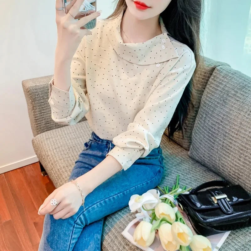 Women's Polka Dot Blouse Asymmetric Collar Long-Sleeve Office Top