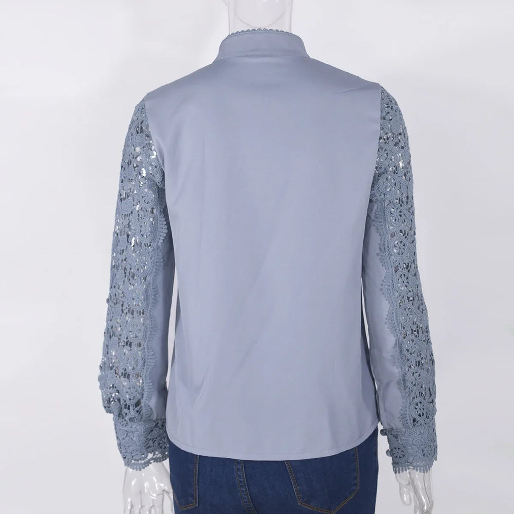 Women's Blouses White Office Spring Casual Button V-neck Long Sleeve Elegant Hook Flower Hollow Shirt For Female