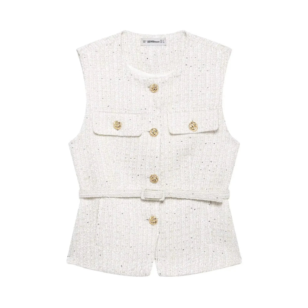 HH Women Fashion Tweed Belt Waistcoat O Neck Single Breasted Sleeveless Vests Spring Summer Office Lady Outerwear Chic Tops