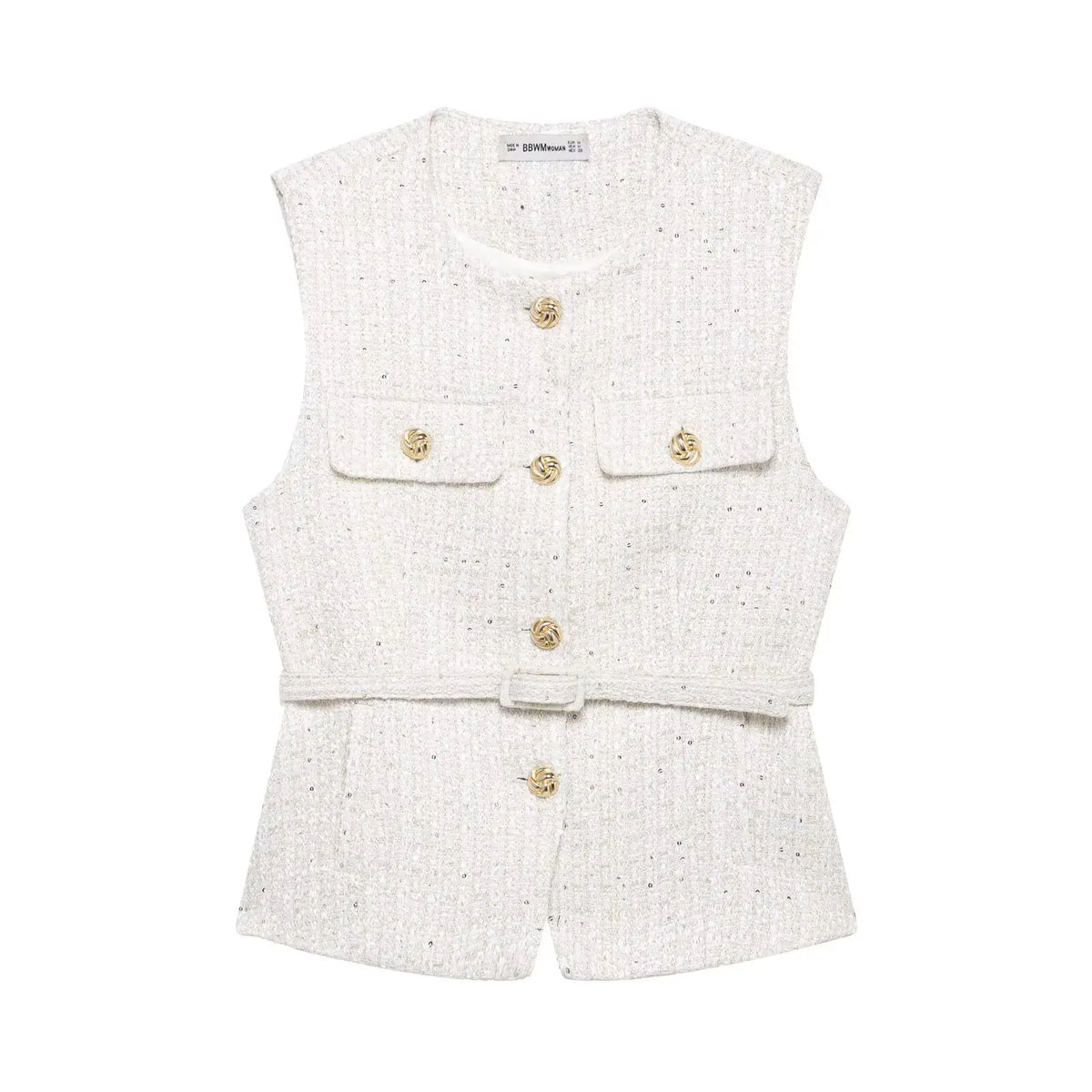 HH Women Fashion Tweed Belt Waistcoat O Neck Single Breasted Sleeveless Vests Spring Summer Office Lady Outerwear Chic Tops