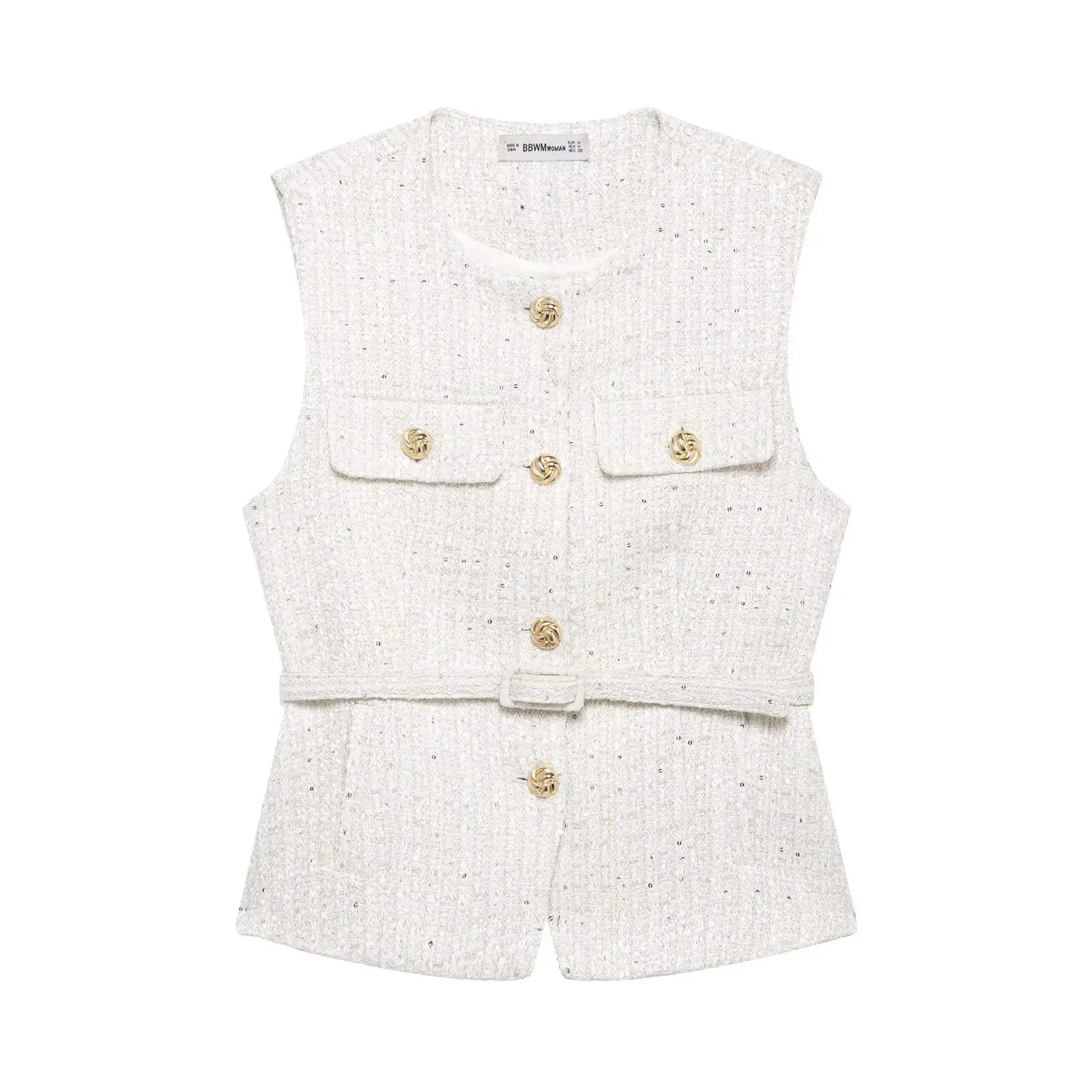 HH Women Fashion Tweed Belt Waistcoat O Neck Single Breasted Sleeveless Vests Spring Summer Office Lady Outerwear Chic Tops