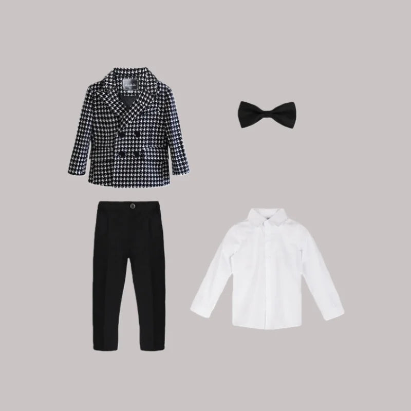 Children's Suit Set Kid's Plaid Wedding Page Boy's Outfit British Style Baby's 1Years' Birthday Party Piano Performance Outfit