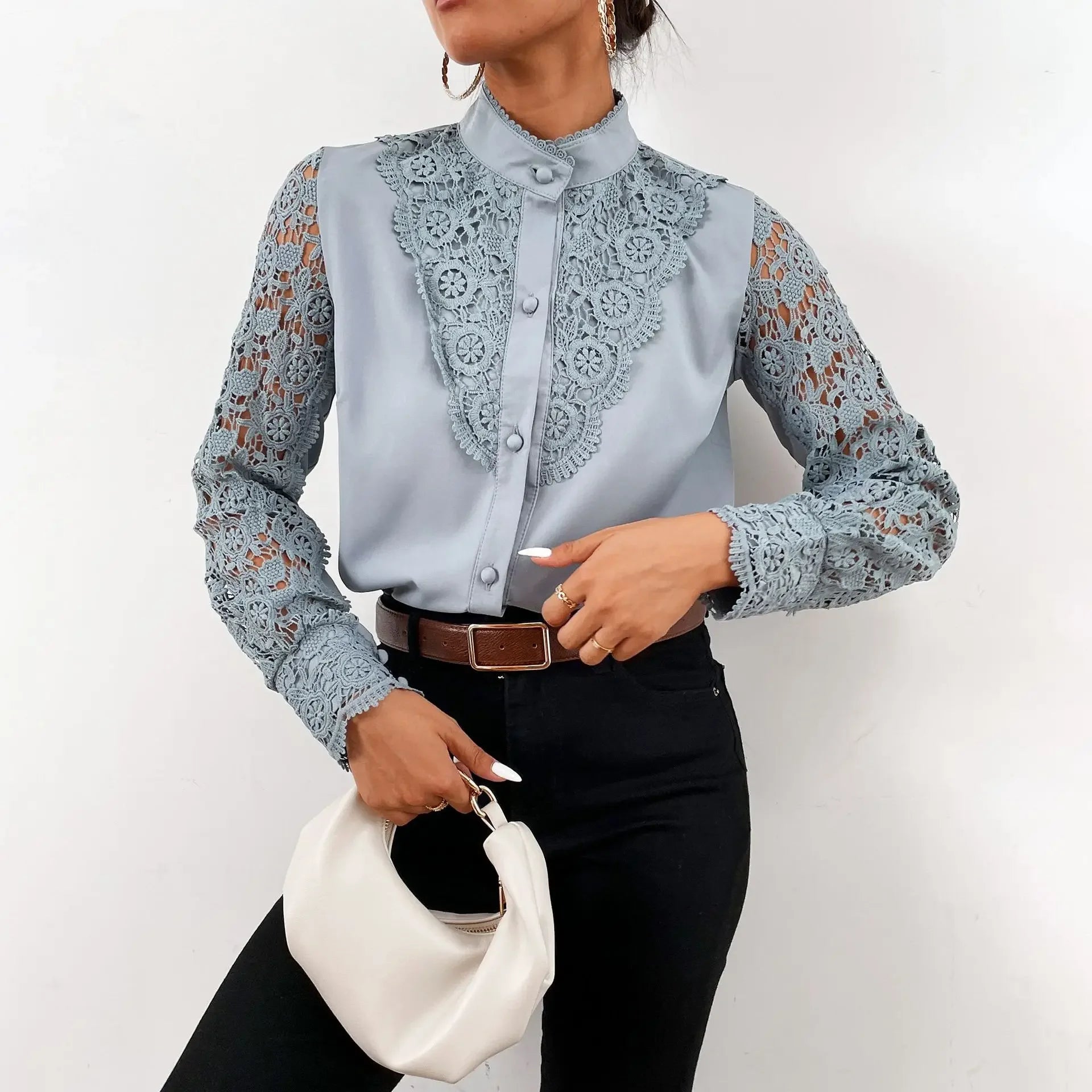Women's Blouses White Office Spring Casual Button V-neck Long Sleeve Elegant Hook Flower Hollow Shirt For Female