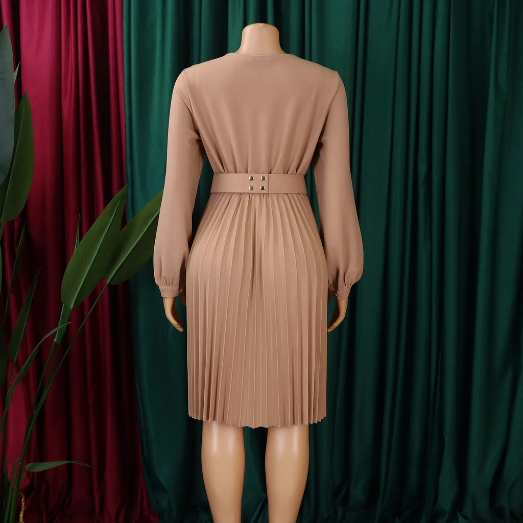 Summer New V-neck Elegant Solid Color Pleated Dress Fashionable Casual Knee-Length Women's Dress