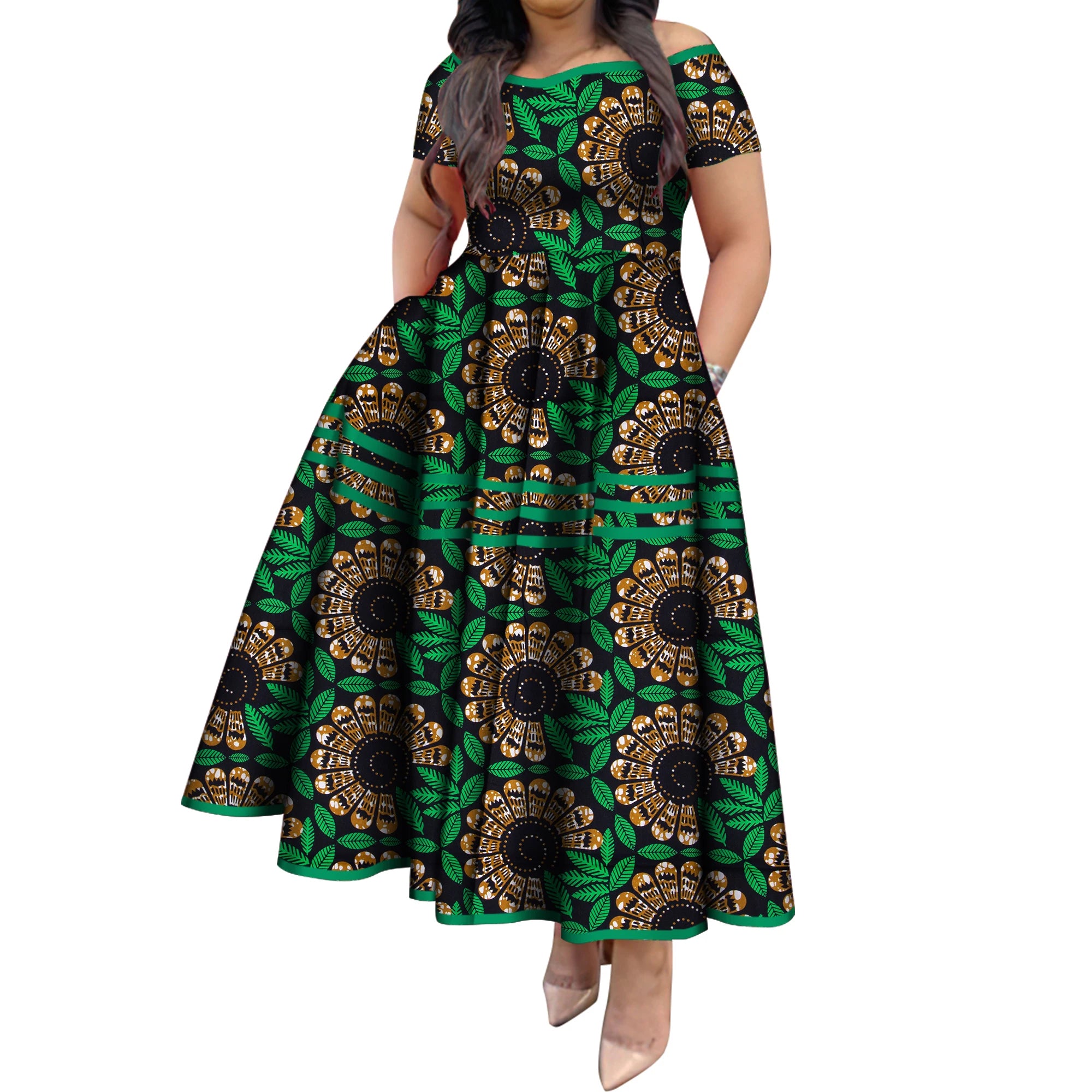 BintaRealWax African Dresses for Women Elegant African Print Short Sleeve High Waist Maxi Dress Africa Clothing WY3629