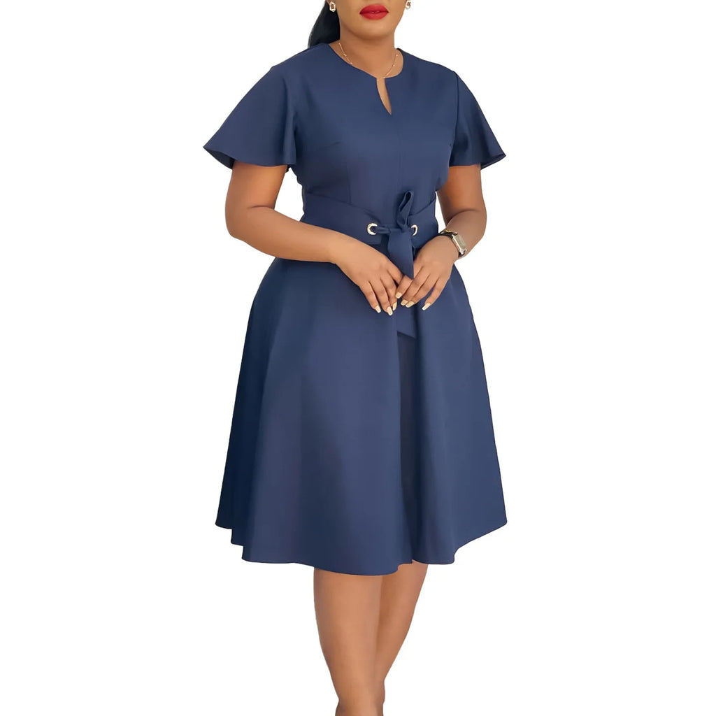 Plus Size Spring Summer New Solid Color Matching V-Neck Short Sleeves Fashion Commuting Slim Fit Midi Length Elegant Style Dress