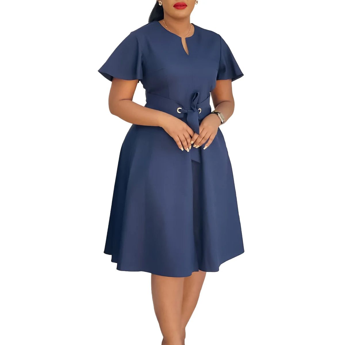 Plus Size Spring Summer New Solid Color Matching V-Neck Short Sleeves Fashion Commuting Slim Fit Midi Length Elegant Style Dress