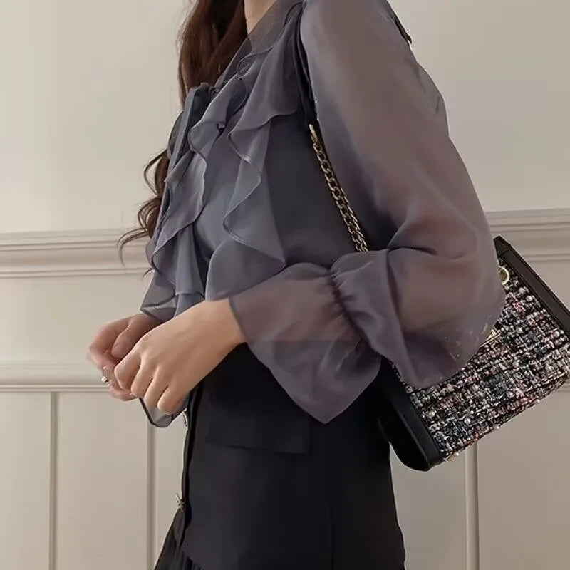 Summer Korean Chiffon Blouse Office Lady Autumn Fashion Tops Sweet Bow Shirts Women Casual Long Sleeve Blouses Blusas 13864